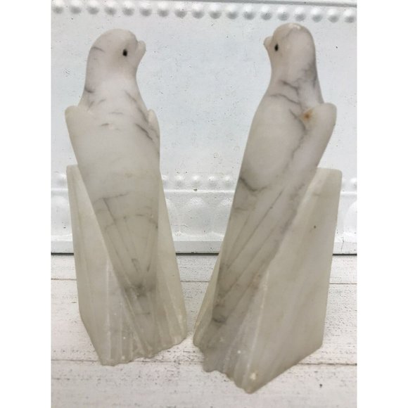 Vtg Art Deco Italian Alabaster Stone Parrot Bird Antq Hand Carved Bookends Luck - Picture 4 of 15